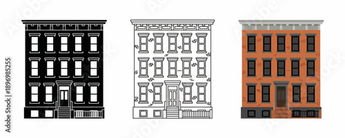 Classic Brownstone Apartment Building Icon Set with Historic Architecture in Silhouette, Outline, and Traditional Brick Flat Styles