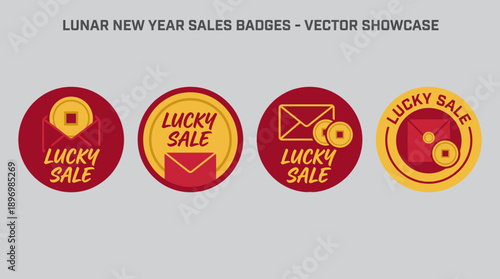 Lunar New Year Lucky Sale Badge Set with Red Envelope and Gold Coin Icons for Chinese Spring Festival Retail Promotion