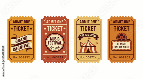 Vintage Event Ticket Set with Retro Admit One Stubs for Grand Carnival, Music Festival, Circus, and Classic Cinema Night