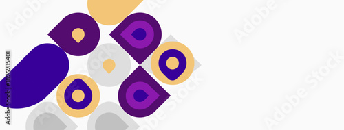 Abstract shapes, purple, gold, gray. Overlapping circles, squares create dynamic composition. Minimalist design, modern aesthetic.