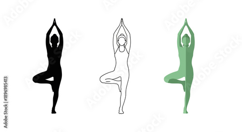 Yoga Tree Pose Icon Set with Woman in Vrikshasana Balance Featuring Silhouette, Outline, and Green Flat Design Styles