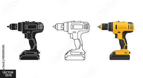 Yellow Cordless Power Drill Icon Set with Battery Pack in Silhouette, Outline, and Realistic Flat Design Styles