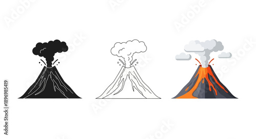 Erupting Volcano Icon Set with Lava Flow and Smoke Clouds in Silhouette, Outline, and Realistic Color Styles