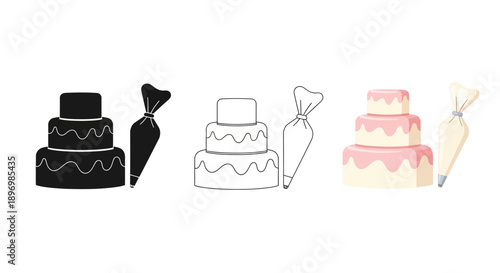 Three Tier Wedding Cake and Pastry Piping Bag Icon Set in Silhouette, Outline, and Pink Cream Flat Color Styles