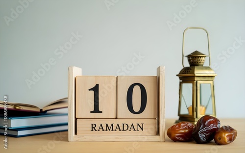 Wooden Calendar Showing 10th Day of Ramadan with Lantern Dates and Holy Quran on Table