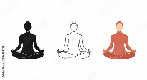 Yoga Meditation Icon Set with Woman in Lotus Pose featuring Silhouette, Outline, and Calm Terracotta Color Styles