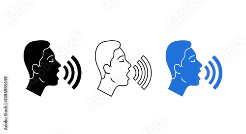 Voice Command and Sound Recognition Icon Set with Person Speaking Silhouette, Outline, and Blue Flat Styles