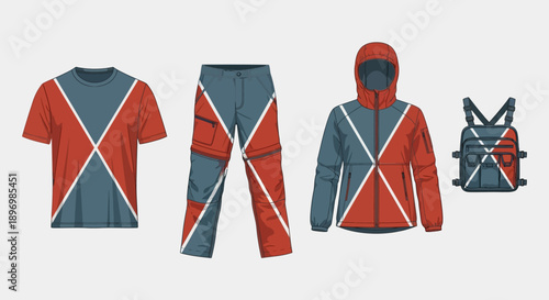 Outdoor Tactical Sportswear Set with T-Shirt, Cargo Pants, Hooded Jacket and Backpack Featuring Modern Geometric X Design
