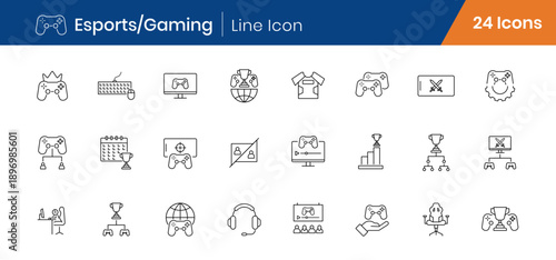 Esports and Gaming Outline Icons Set of 24. Competitive Gaming, Streaming, Controller, Tournament Linear Vector Editable Stroke