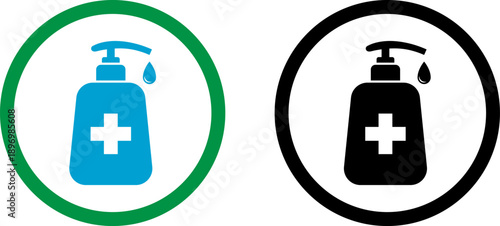 Hand sanitizer icons with cross symbol in positive and negative circular badges