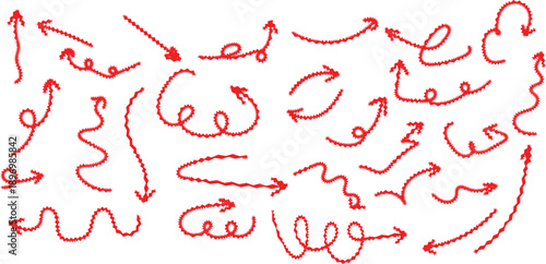 Red zigzag arrow set with various wavy and curly designs for highlighting important information in presentations and creative design projects with hand drawn appearance and textured edges look