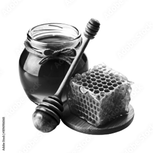 Honey jar with dipper and honeycomb in halftone style isolated on white background. Monochrome food illustration for natural product, sweetness, organic nutrition, beekeeping, and vintage design.