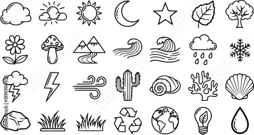 Nature and Environment Black  White Line Art Icon Set. Weather, Plants, Earth Elements, Ecology Symbols, and Natural Phenomena Doodles Collection.