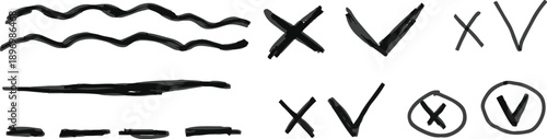 A hand-drawn black marker drawing with a rough, grunge texture. It includes sketchy outlines, vector underlines, check marks, crosses, and dotted lines. Perfect for adding artistic touches.