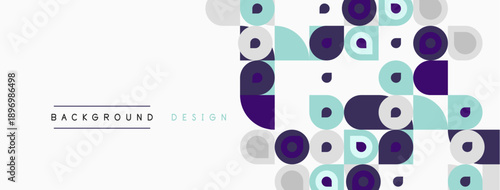 Abstract geometric pattern. Squares, circles, rectangles create modern design. Light background with purple, teal accents. Minimalist aesthetic.