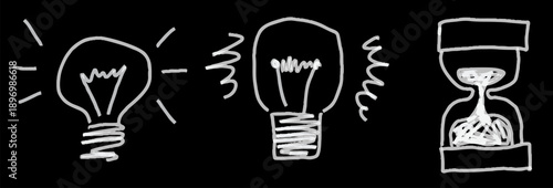 Hand drawn glowing lamp with white marker and hourglass on black background, trend modern efficiency logo, innovative light bulb design, idea symbol