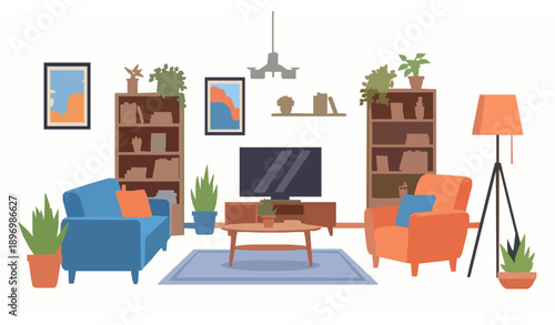 Living room interior furniture set cartoon style isolated on white background