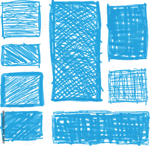 Blue vector frames and text blocks with hatched effects and rough paint strokes. Includes schematic, loose shapes and marker textures, suitable for office background designs and informational layouts.