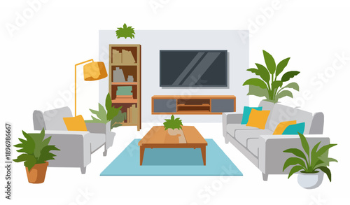Cartoon living room furniture icons set modern home interior vector