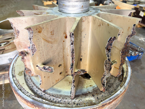 closeup Impeller of vacuum pump has corrosion and damaged in petrochemical or refinery at industrial