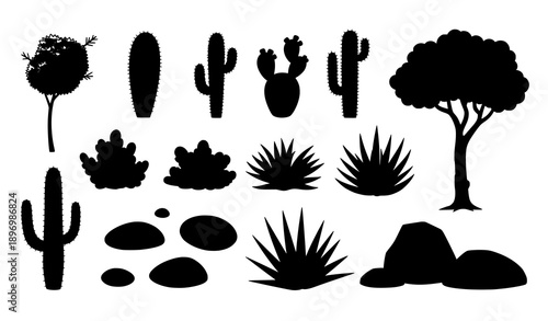 African desert cartoon plants and stones vector icon collection