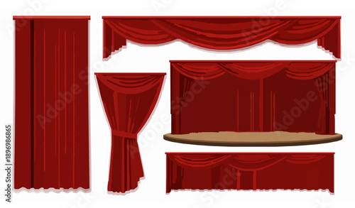 Red theater stage curtains open and closed realistic 3d vector set