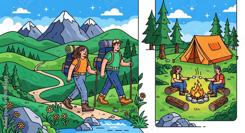 Two hikers with backpacks walking on a mountain trail near a stream.