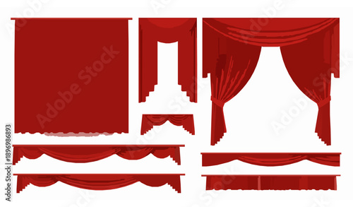 Realistic red theater curtains open closed with top borders vector set