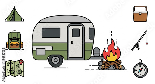 Vintage Camper Van with Campfire and Camping Gear.