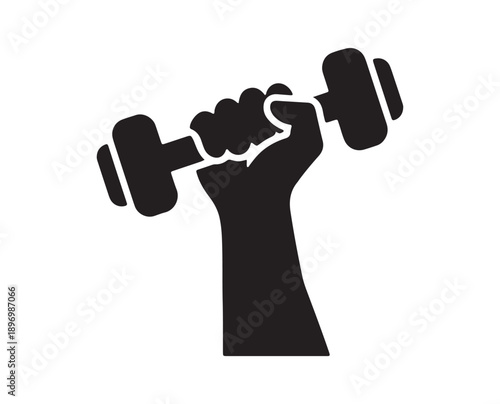 A striking black silhouette of a hand firmly gripping a dumbbell in a powerful lift. An isolated vector illustration of a hand lifting a dumbbell.