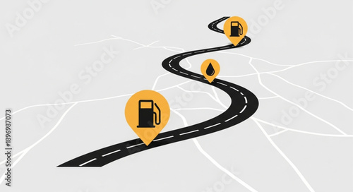Winding Road with Fuel Station Markers Indicating a Journey.