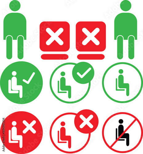 Icons illustrating social distancing and seating rules with allowed and forbidden signs.