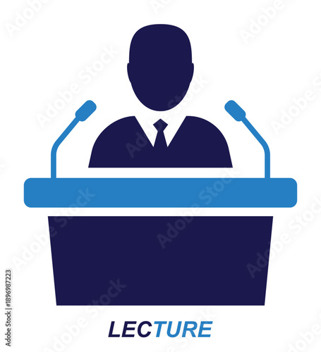 Public speaker stands behind podium with microphones in front of audience vector