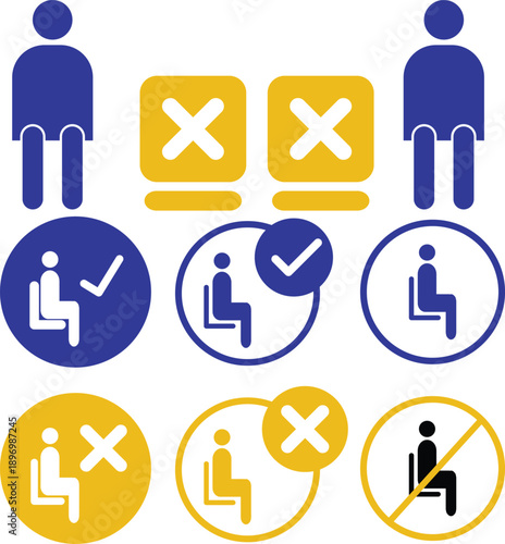 Icons illustrating social distancing and seating rules with allowed and disallowed positions.