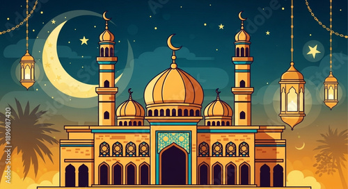 Ramadan mosque with crescent moon and lanterns illustration.