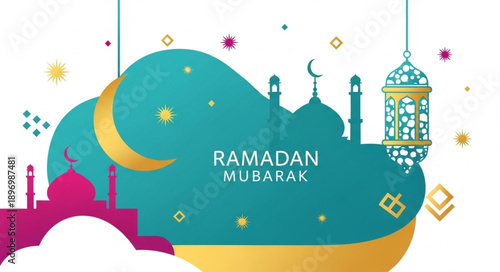 Ramadan Mubarak Islamic Greeting with Crescent Moon and Mosque Silhouette.