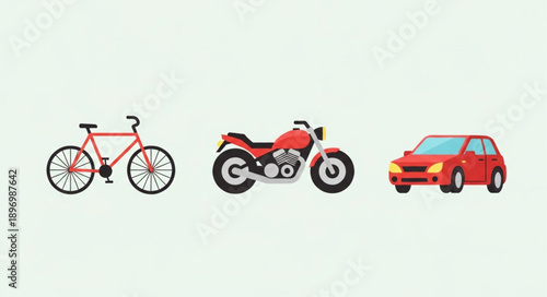 Red bicycle motorcycle and car isolated on white background.