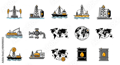 Set of oil and gas industry icons and illustrations.