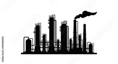 Silhouette of an industrial oil refinery with smoke stacks.