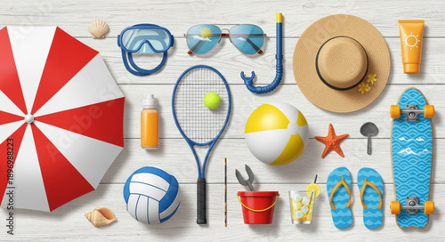 Summer Beach Vacation Items Arranged on Wooden Surface.