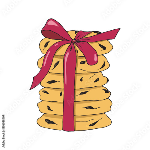  Vector stack of cookies tied with a red ribbon. Gingerbread cookies with a red bow. Hand drawn illustration. National Chocolate Chip Cookie day.