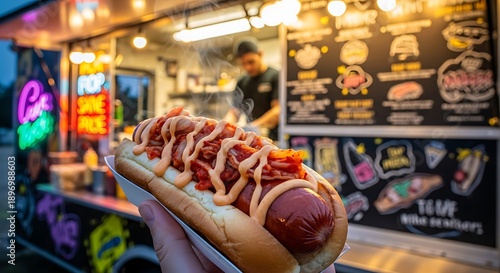 Savoring a perfectly crafted hot dog with gourmet toppings, embodying the authentic and exciting spirit of late-night street food culture from a vibrant food truck