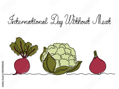 International Day withouy meat. Abstract vegetables beetroot, cauliflower,onion. continuous single one line art hand drawing sketch logo on white background