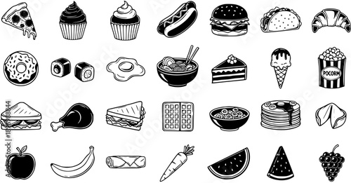 Black  White Line Art Food Icons Set: Hand-Drawn Collection of Diverse Cuisine, Desserts, Fruits, Vegetables, and Fast Food Elements