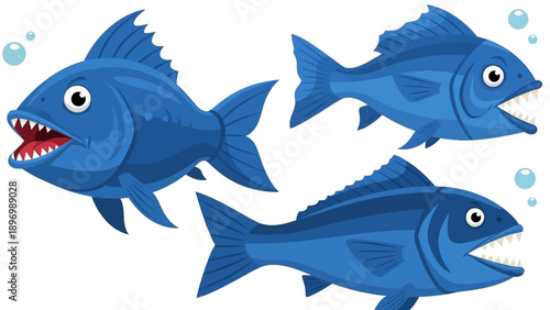 Blue Cartoon Fish Swimming Together.
