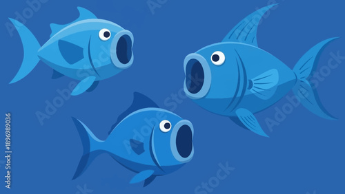 Blue Cartoon Fish Swimming Together.