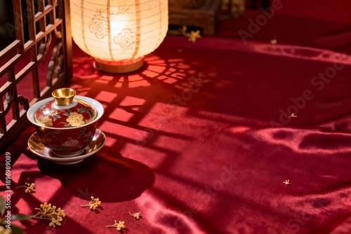 Wallpaper Mural Elegant Chinese tea set and glowing lantern create a serene traditional atmosphere with intricate shadows on rich red silk. Torontodigital.ca