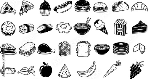 Black and White Line Art Food Icons: Pizza, Burger, Sushi, Donut, Cake, Ice Cream, Fruit, Vegetables