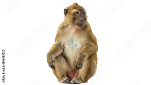 Isolated Macaque Monkey Sitting Comfortably, Posing with Hands Clasped, Front View, Sitting Upright