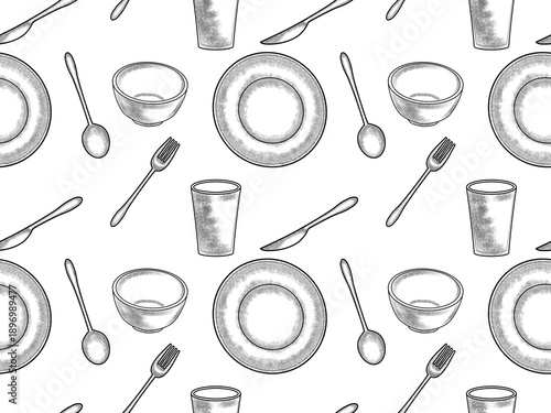 seamless pattern of hand-drawn black-and-white illustrations of tableware such as plates, bowls, glasses, spoons, forks, and knives, arranged randomly in a sketch or doodle style.